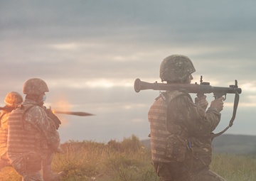 Romanian Soldier from 30th Mountain Scouts Battalion holds her position and aims her RPG-7 while conducting RPG LFX during Exercise Steadfast Defender 2021