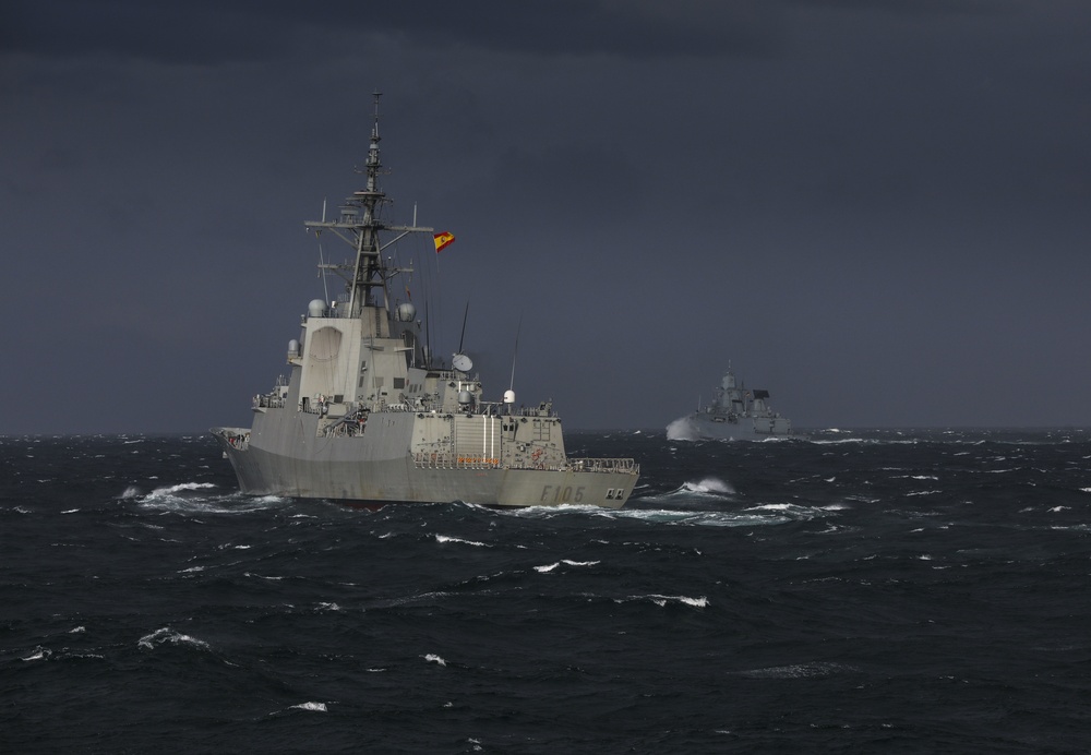 Ships from NATO navies taking part in Exercise Formidable Shield in the Atlantic off the Scottish Hebride isles.