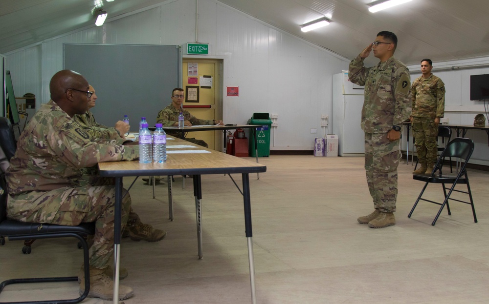 Task Force Spartan Soldier appears before command sergeants majors board during Best Warrior Competition