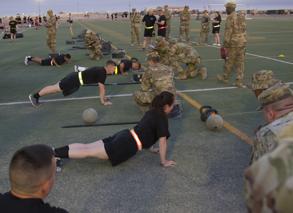 Task Force Spartan Soldiers compete in Army Combat Fitness Test during TF Spartan BWC 2021