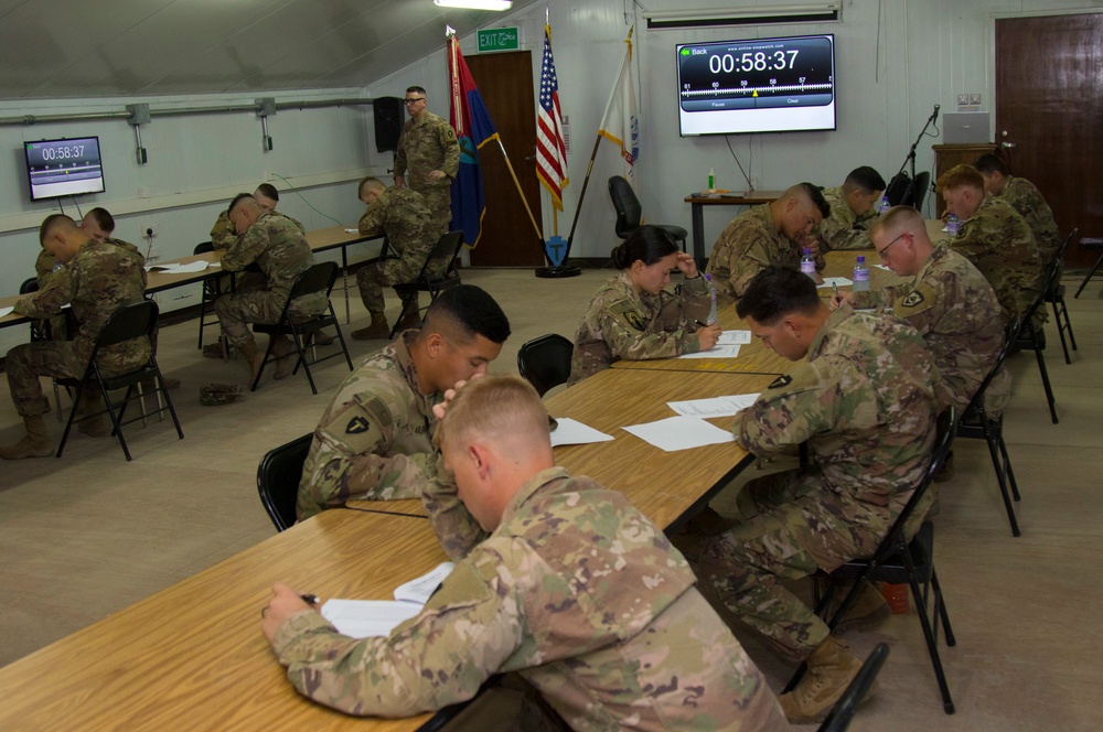 Task Force Spartan Soldiers take written test during BWC 2021