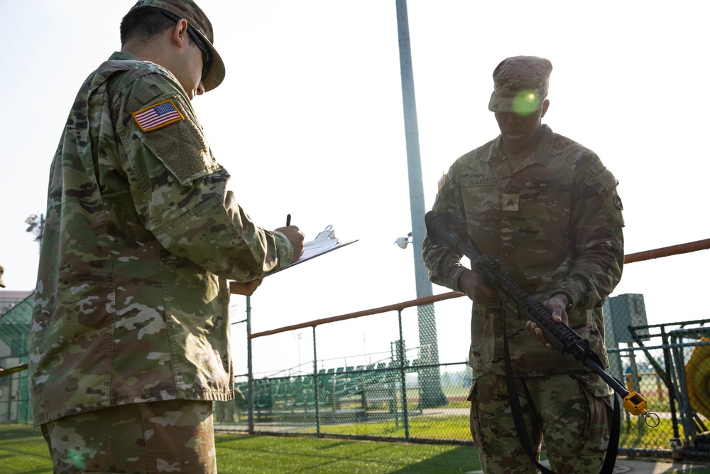 USARPAC BWC 2021: South Korea, Sgt. Jamal Walker, a United States Army Japan soldier, conducts a weapons check on an M4 carbine