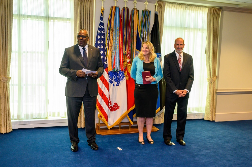 Secretary of Defense Lloyd J. Austin III swears in Under Secretary of Defense for Comptroller Michael McCord