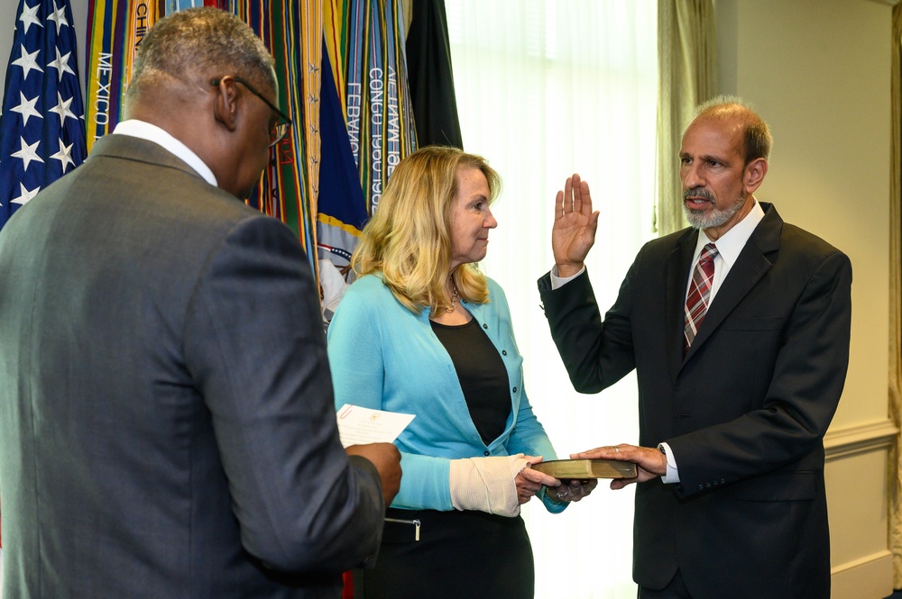 Secretary of Defense Lloyd J. Austin III swears in Under Secretary of Defense for Comptroller Michael McCord