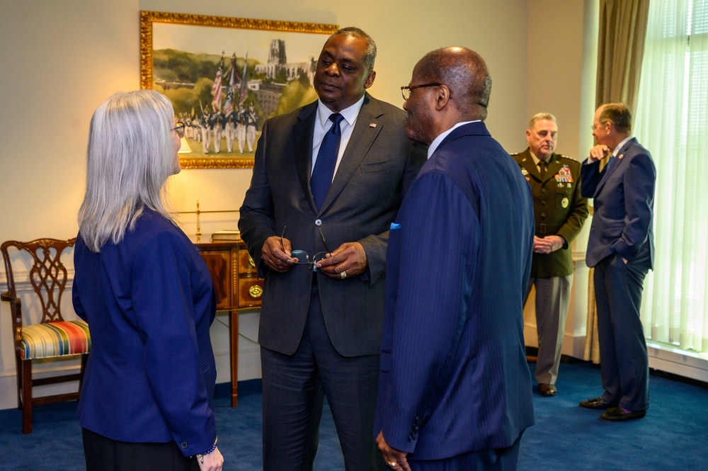 Secretary of Defense Lloyd J. Austin III swears in Under Secretary of Defense for Intelligence and Security Ronald Moultrie