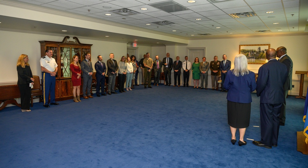 Secretary of Defense Lloyd J. Austin III swears in Under Secretary of Defense for Intelligence and Security Ronald Moultrie