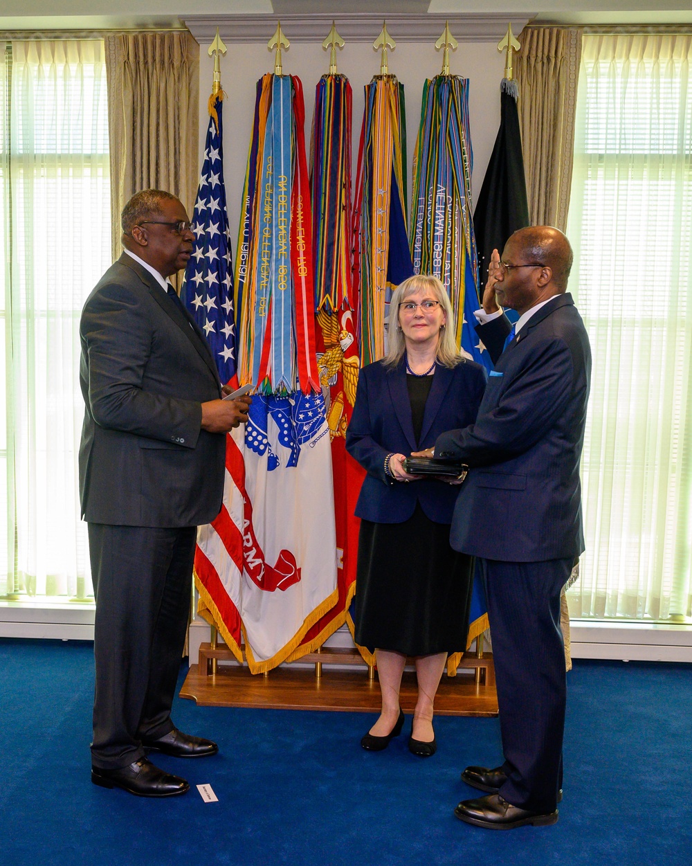 Secretary of Defense Lloyd J. Austin III swears in Under Secretary of Defense for Intelligence and Security Ronald Moultrie