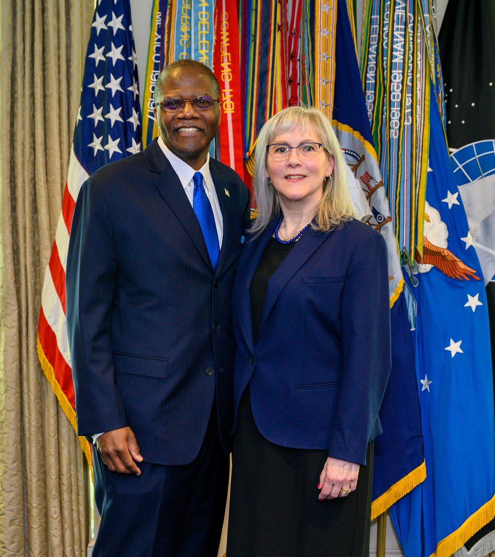 Secretary of Defense Lloyd J. Austin III swears in Under Secretary of Defense for Intelligence and Security Ronald Moultrie