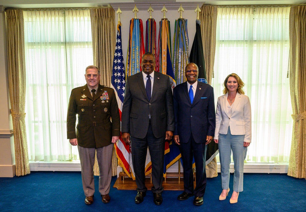 Secretary of Defense Lloyd J. Austin III swears in Under Secretary of Defense for Intelligence and Security Ronald Moultrie