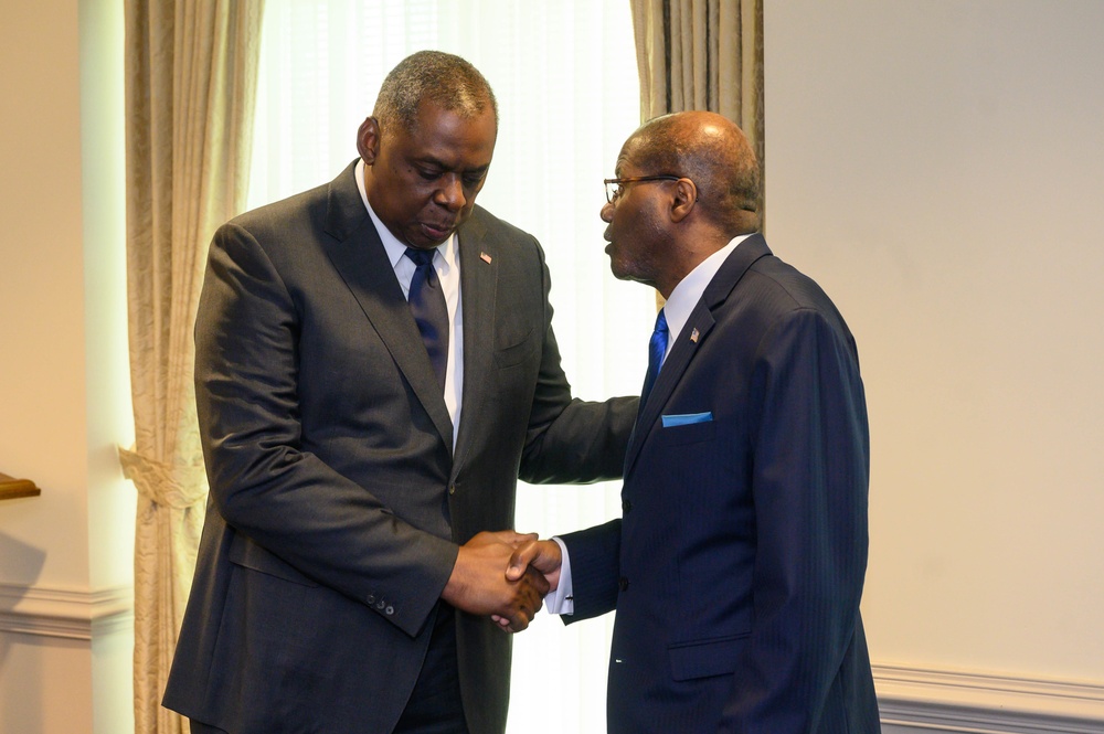 Secretary of Defense Lloyd J. Austin III swears in Under Secretary of Defense for Intelligence and Security Ronald Moultrie