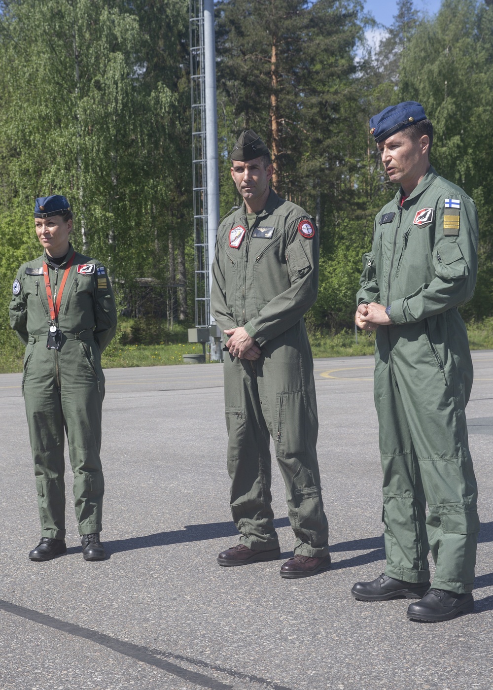 Marines and Finnish Air Force commanders participate in a conference with Finland media