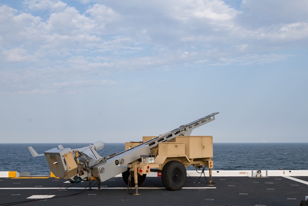 ScanEagle aircraft takes off from USS Lewis B Puller