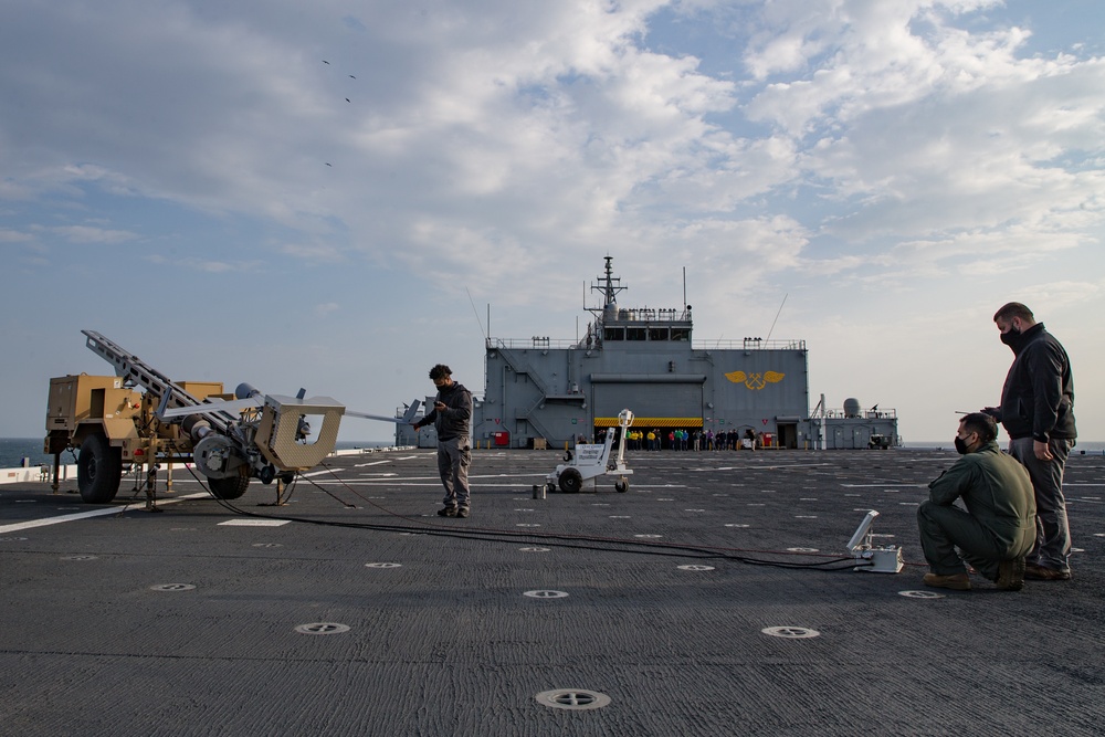 ScanEagle aircraft takes off from USS Lewis B Puller