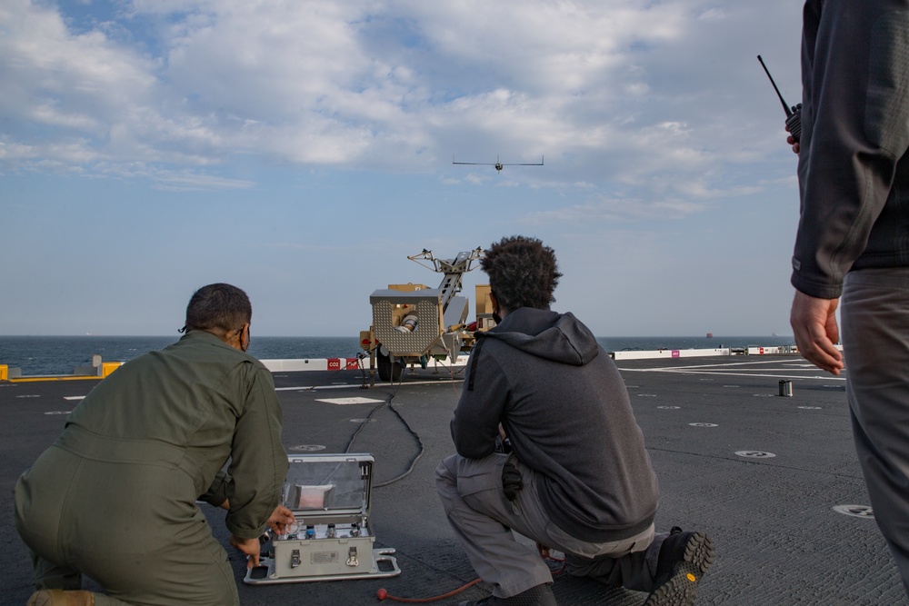 ScanEagle aircraft takes off from USS Lewis B Puller