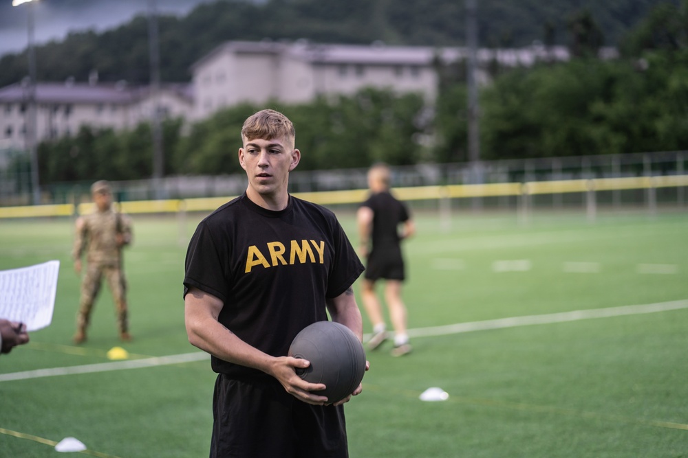 USARPAC BWC 2021: South Korea, 311th Theater Tactical Signal Brigade, Pfc. Kyle Kingman preforms the Standing Power Throw exercise