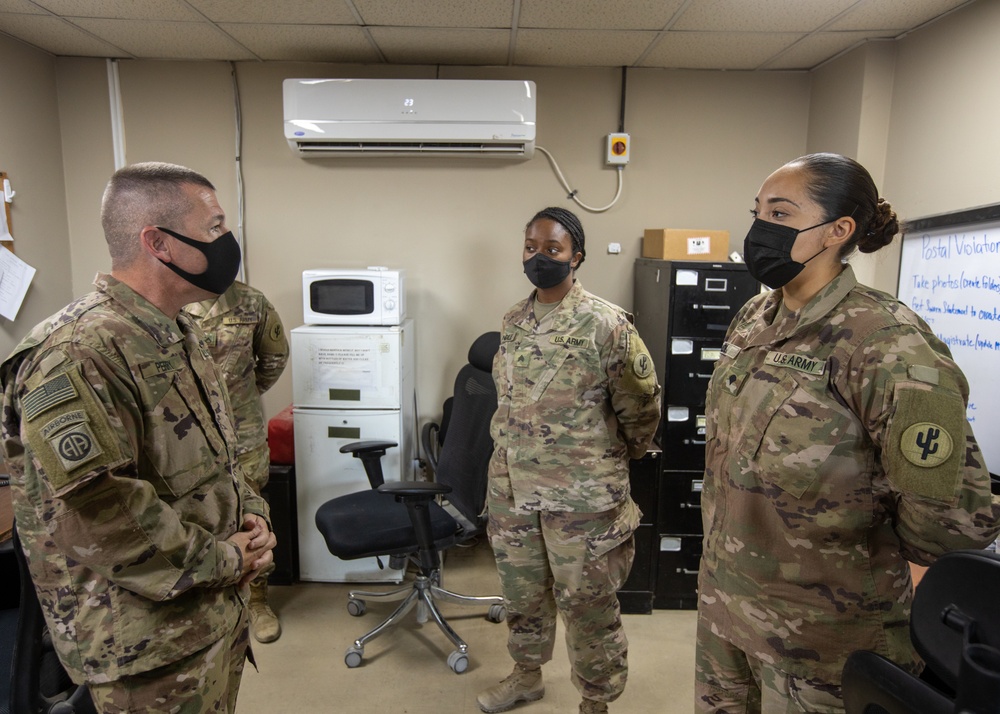 Command Sgt. Maj. Michael Perry visits Soldiers of the Joint Military Mail Terminal