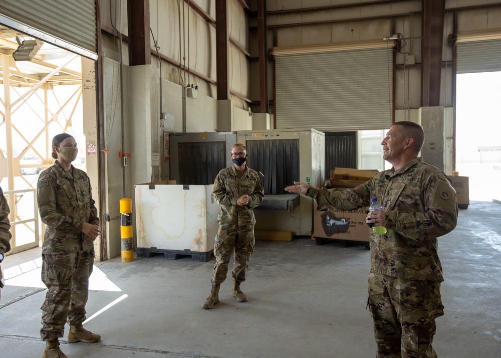 Command Sgt. Maj. Michael Perry visits Soldiers of the Joint Military Mail Terminal