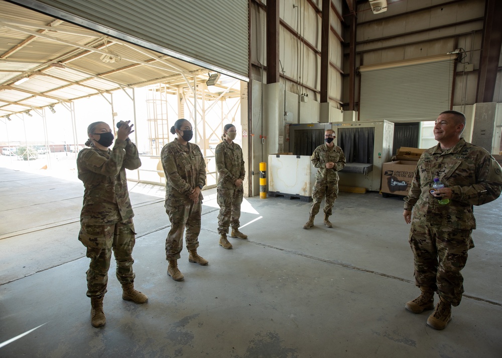 Command Sgt. Maj. Michael Perry visits Soldiers of the Joint Military Mail Terminal