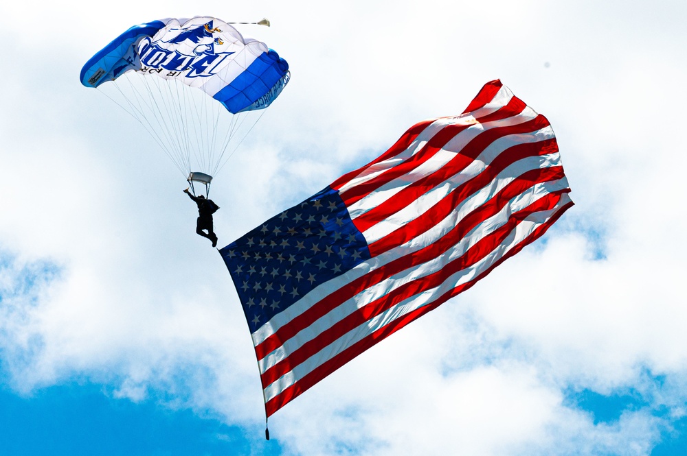 U.S. Air Force Academy parachute team performs at Sound of Speed Airshow