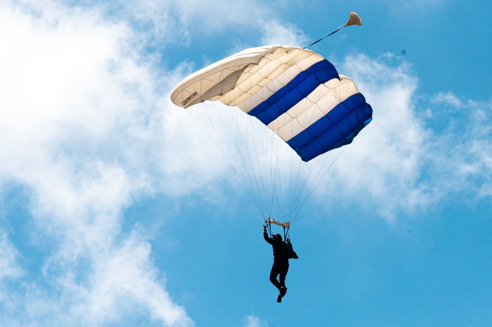 U.S. Air Force Academy parachute team performs at Sound of Speed Airshow