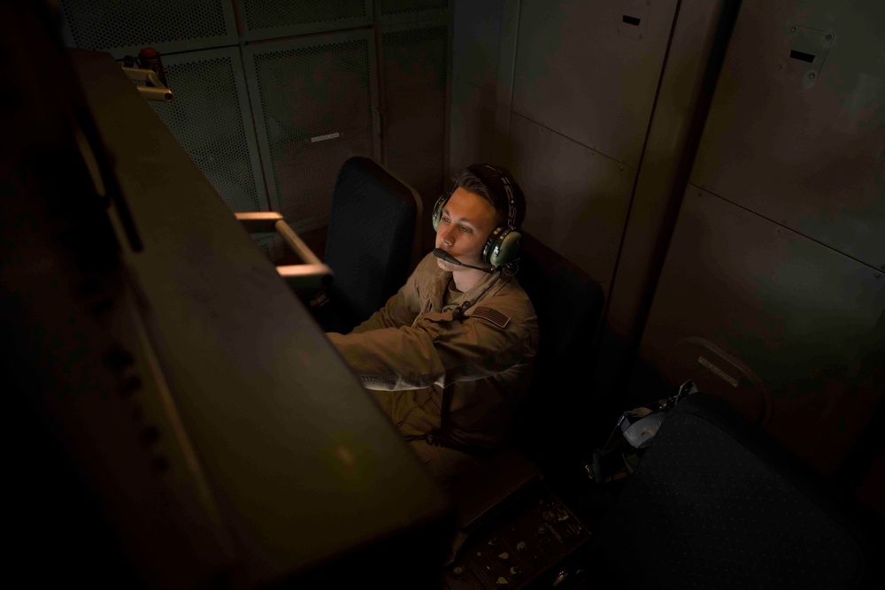 KC-10 Extender boom operator refuels F15-E Strike Eagle