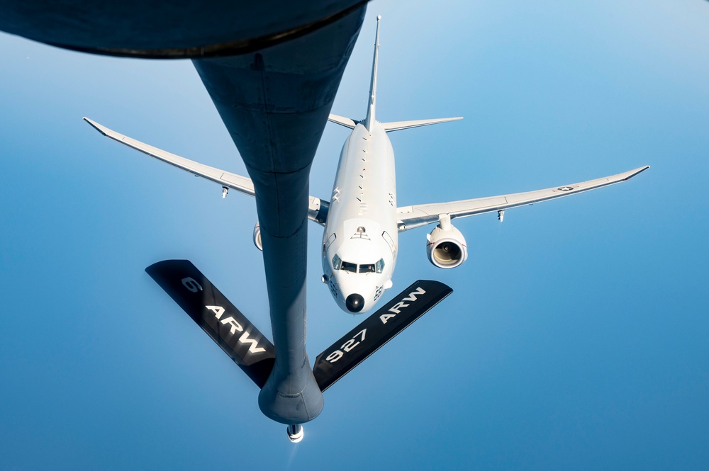 U.S. Navy P-8A Poseidon Flies Into Position To Be Refueled