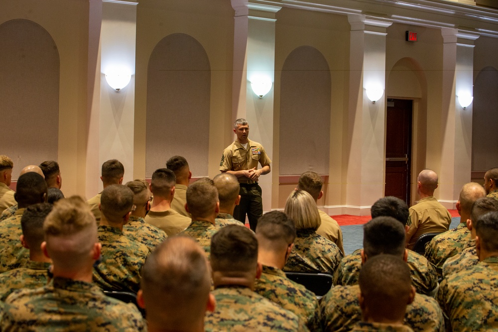 Rob Jones shares his story with Marine Barracks personnel