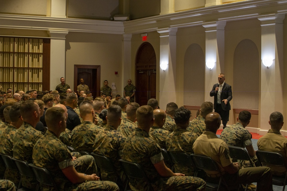 Rob Jones shares his story with Marine Barracks personnel