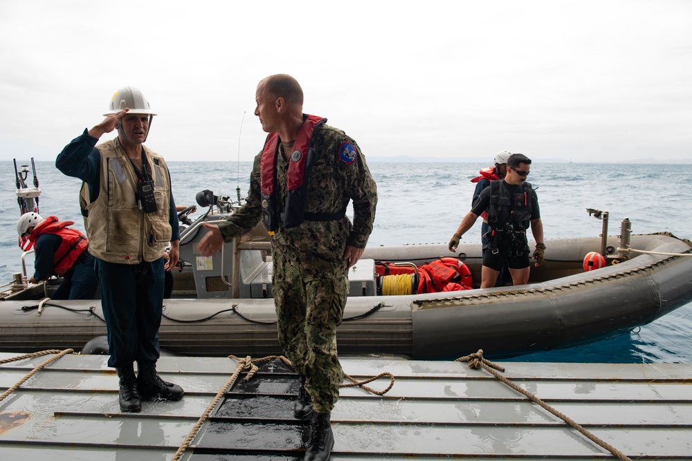 Rear Adm. Christopher Engdahl, commander, Expeditionary Strike Group 7/Task Force 76 arrives to USS New Orleans