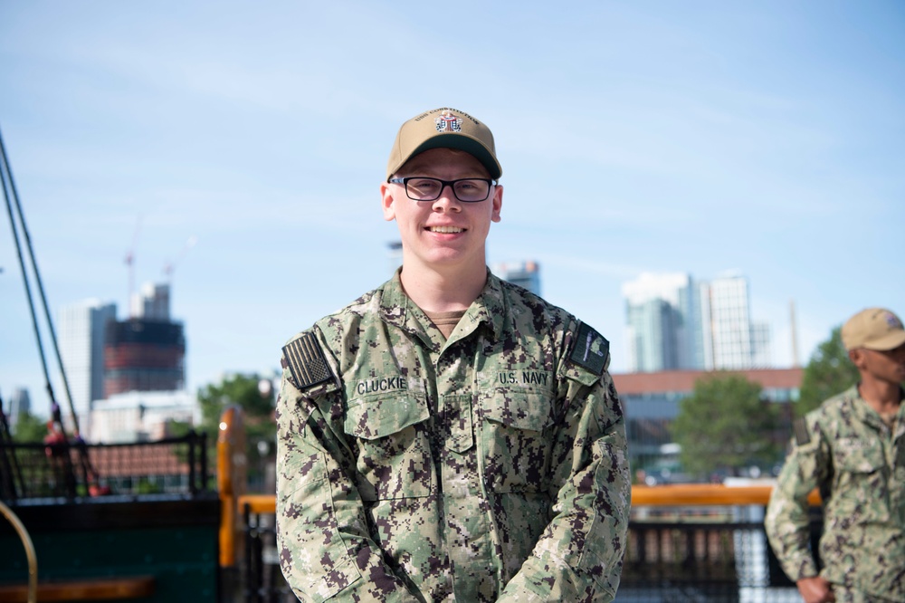 Airman Adam Cluckie earned his basic interpretive historian qualification aboard USS Constitution.