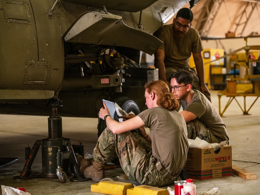Task Force Phoenix Soldiers from the 640th ASB work on helicopters