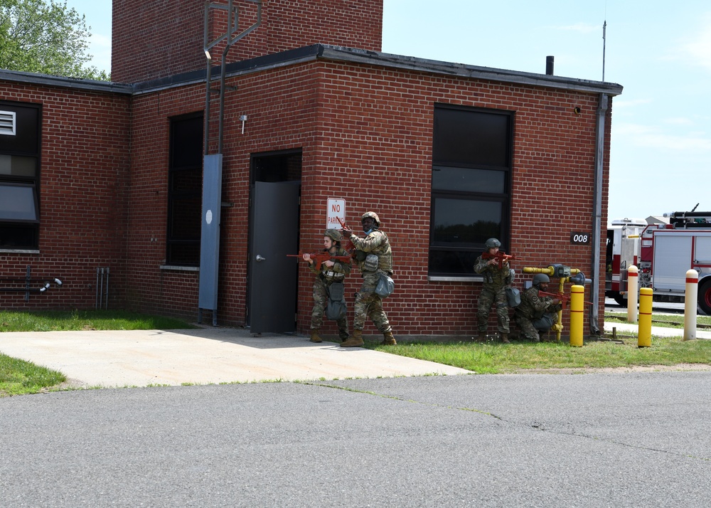 104th Fighter Wing holds Readiness Exercise, Airmen respond to simulate mortaring of building