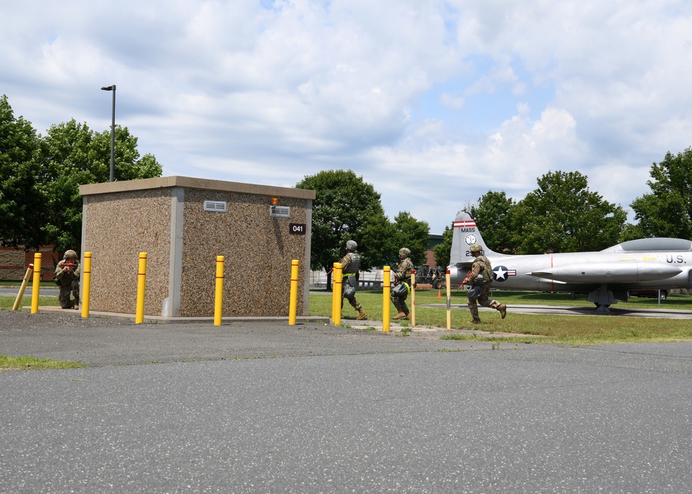 104th Fighter Wing holds Readiness Exercise, Airmen respond to simulate mortaring of building