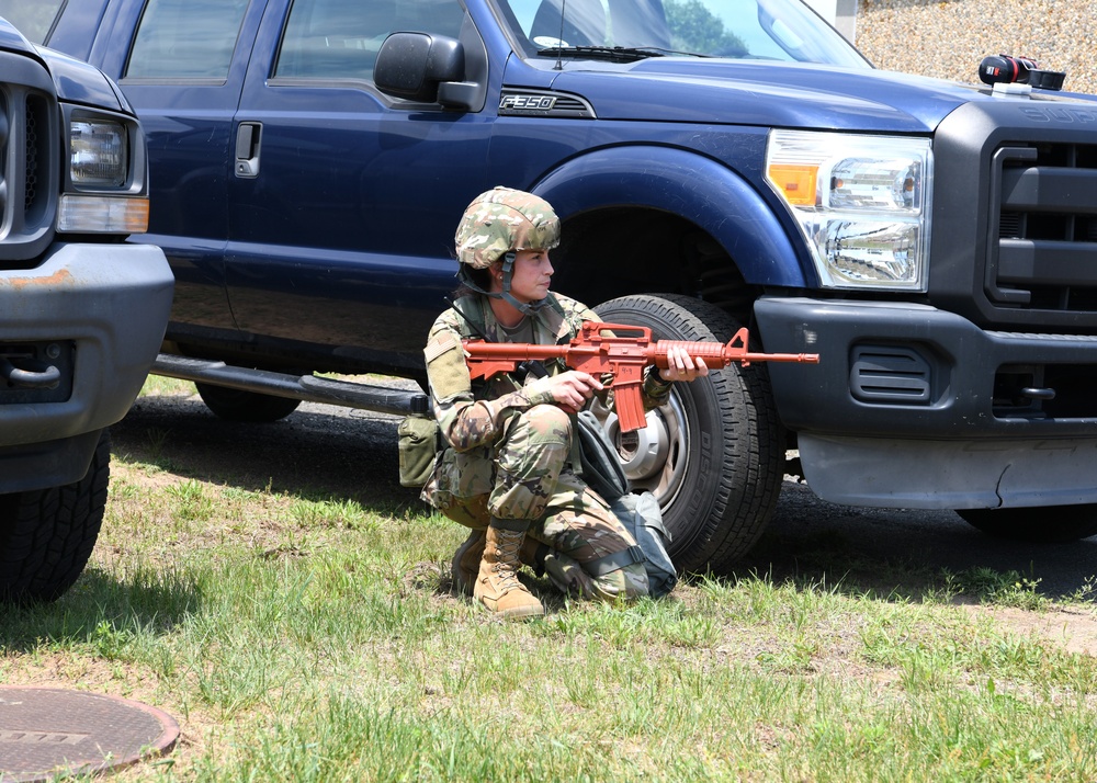 104th Fighter Wing holds Readiness Exercise, Airmen respond to simulate mortaring of building