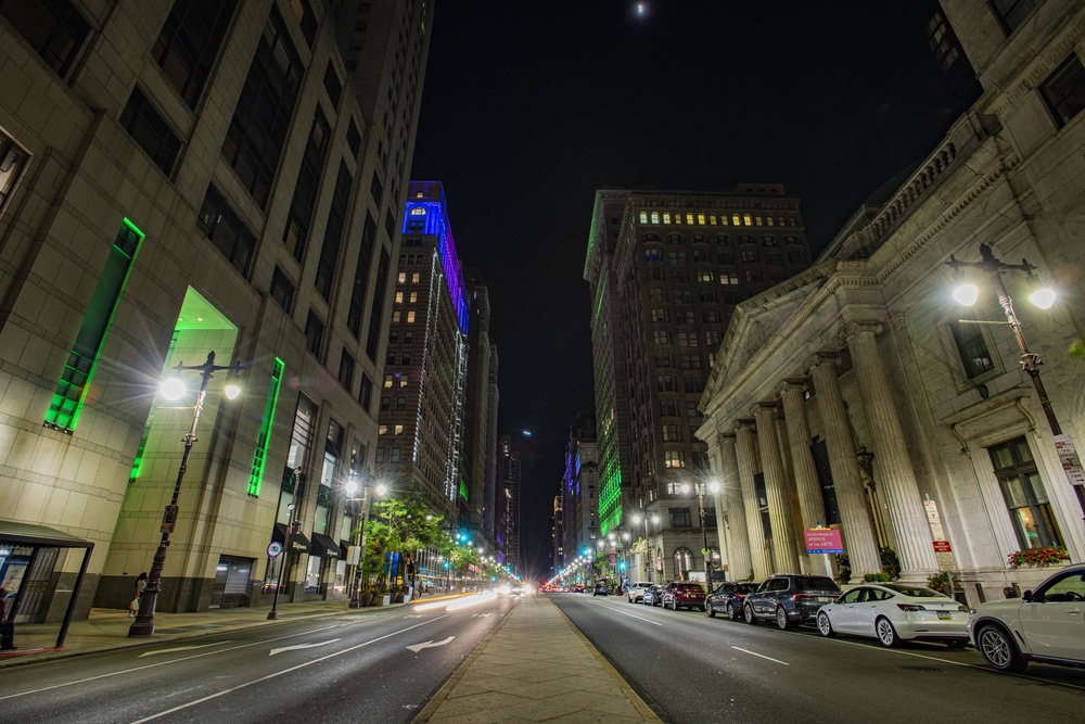 Philadelphia lights city blue,green in recognition of Pa. Guard, others for support to mass vaccine sites