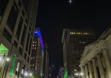 Philadelphia lights city blue,green in recognition of Pa. Guard, others for support to mass vaccine sites