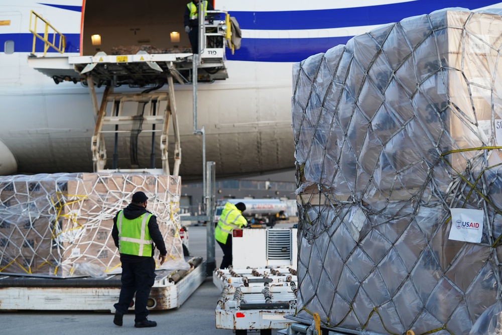 Supplies the U.S. government, through the U.S. Agency for International Development, donated to India, are transported onto a waiting National Airlines plane on April 30, 2021. (USAID photo by Patrick Moore)