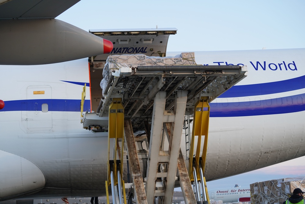 Supplies the U.S. government, through the U.S. Agency for International Development, donated to India, are transported onto a waiting National Airlines plane on April 30, 2021. (USAID photo by Patrick Moore)