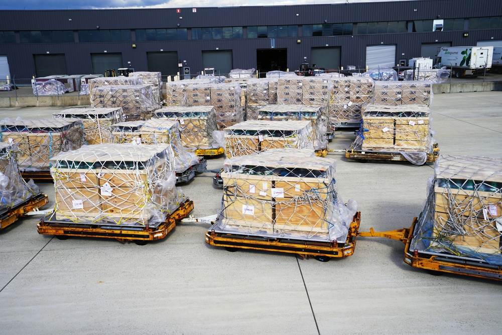 Supplies the U.S. government, through the U.S. Agency for International Development, donated to India, wait to be loaded onto a plane on April 30, 2021. (USAID photo by Patrick Moore)