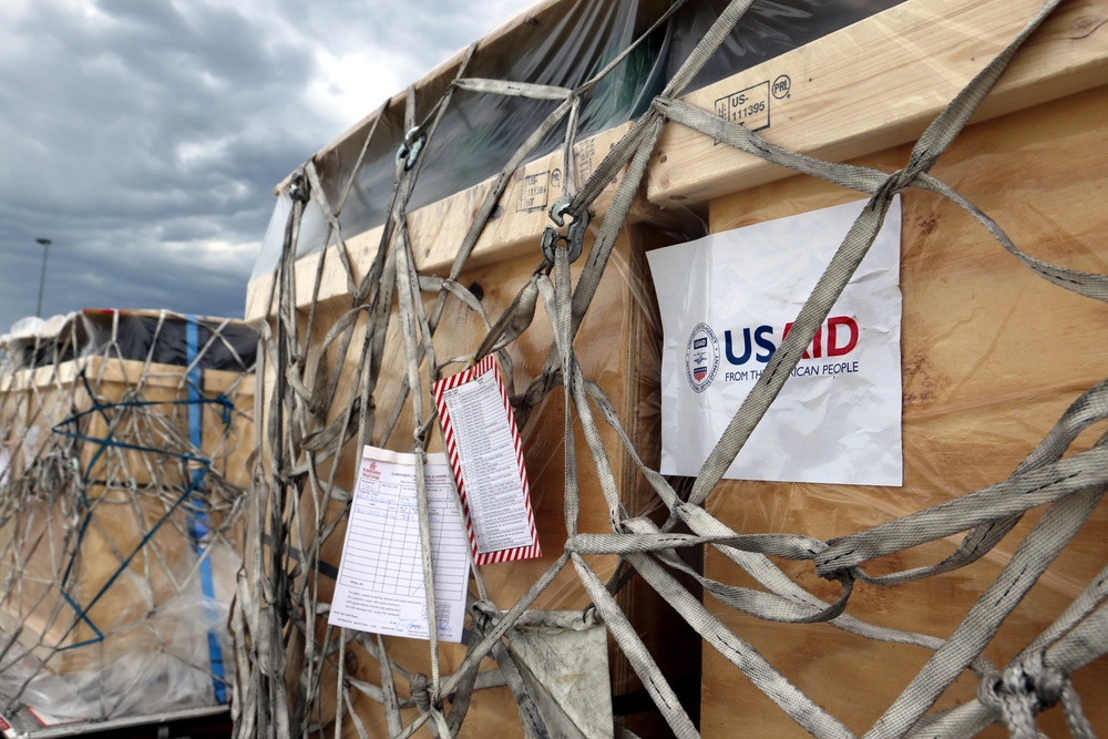 Supplies the U.S. government, through the U.S. Agency for International Development, donated to India, wait to be loaded onto a plane on April 30, 2021. (USAID photo by Madison Poe)