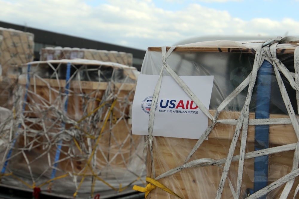 Supplies the U.S. government, through the U.S. Agency for International Development, donated to India, wait to be loaded onto a plane on April 30, 2021. (USAID photo by Madison Poe)