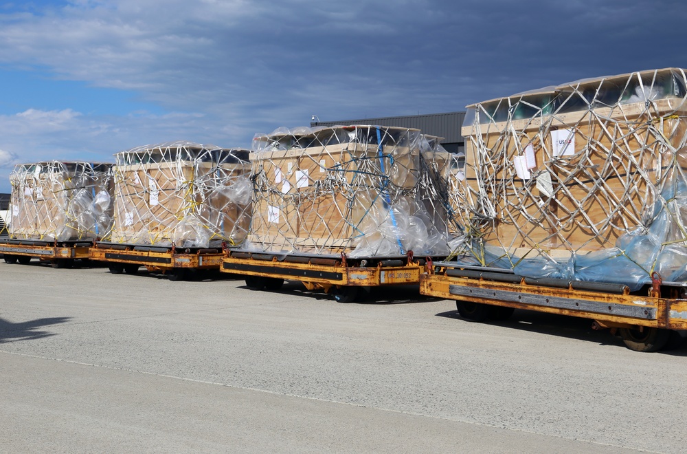 Supplies the U.S. government, through the U.S. Agency for International Development, donated to India, wait to be loaded onto a plane on April 30, 2021. (USAID photo by Patrick Moore)