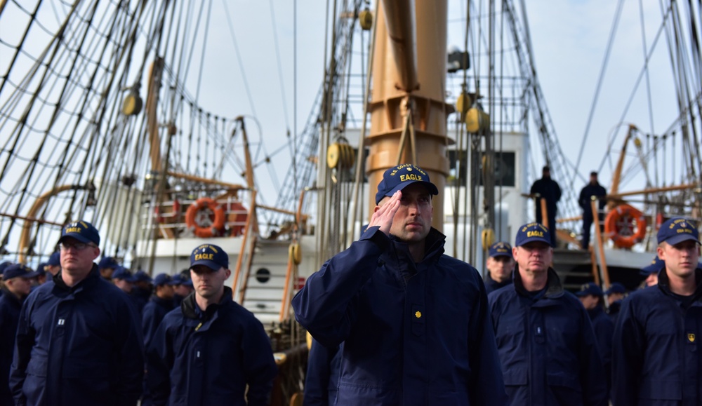 USCGC Eagle (WIX 327) conducts wreath-laying for USCGC Hamilton (WPG 34) off Iceland