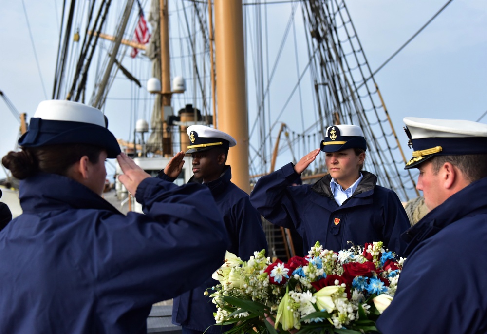 USCGC Eagle (WIX 327) conducts wreath-laying for USCGC Hamilton (WPG 34) off Iceland