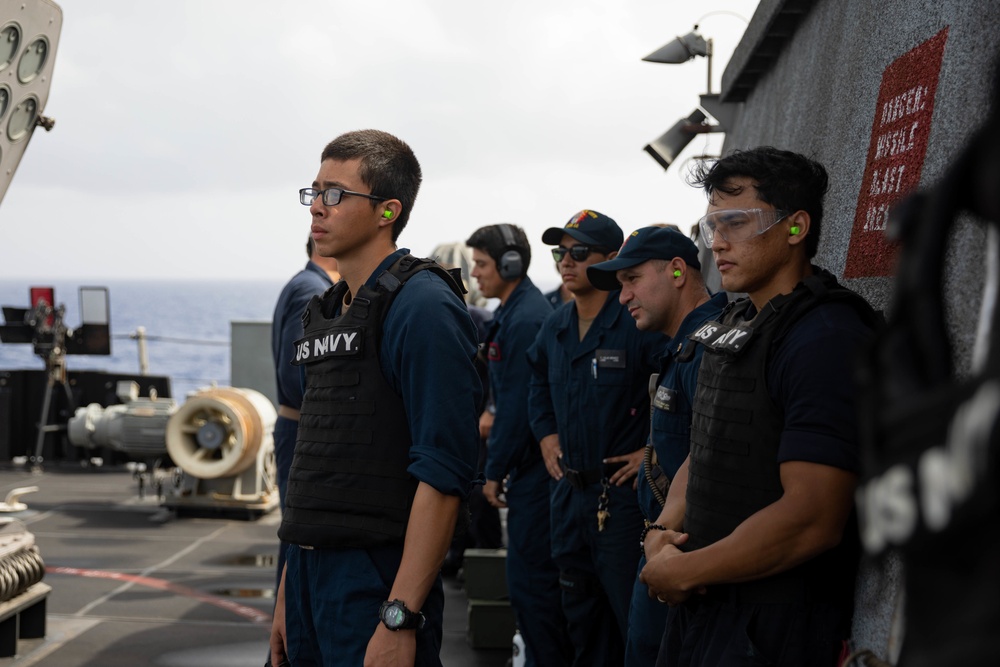 USS Sioux City Sailors Prepare to Participate in a .50-Caliber Machine Gun Qualification Shoot