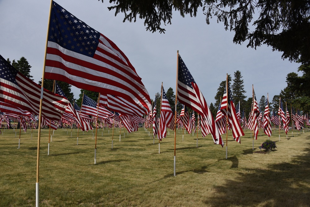 Flags decorate Evergreen Cemetery in George, Iowa