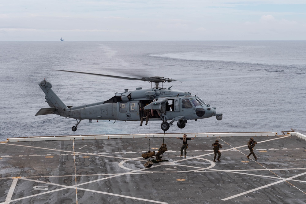 USS New Orleans (LPD 18) Maritime Raid Force training evolution with USS America (LHA 6) and USS Germantown (LSD 42)