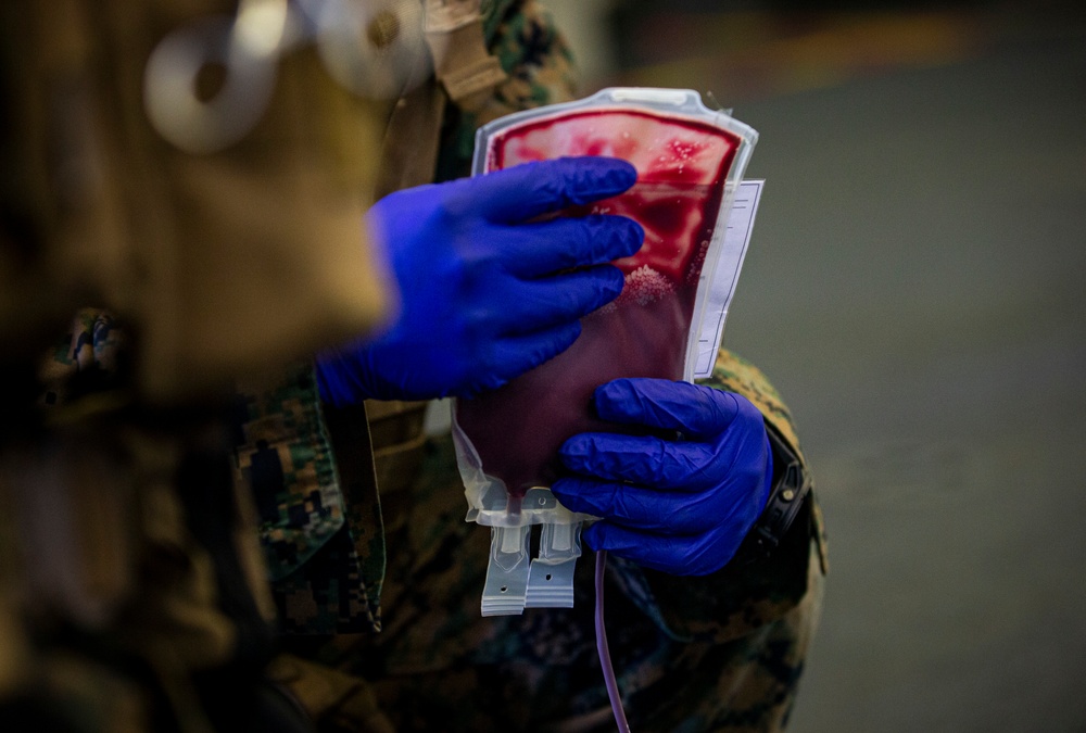 US Marines and Sailors conduct a live fresh old blood transfusion demonstration