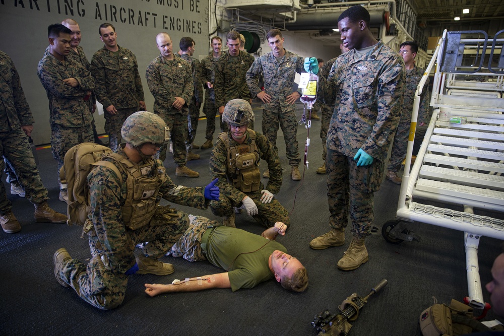 US Marines and Sailors conduct a live fresh old blood transfusion demonstration