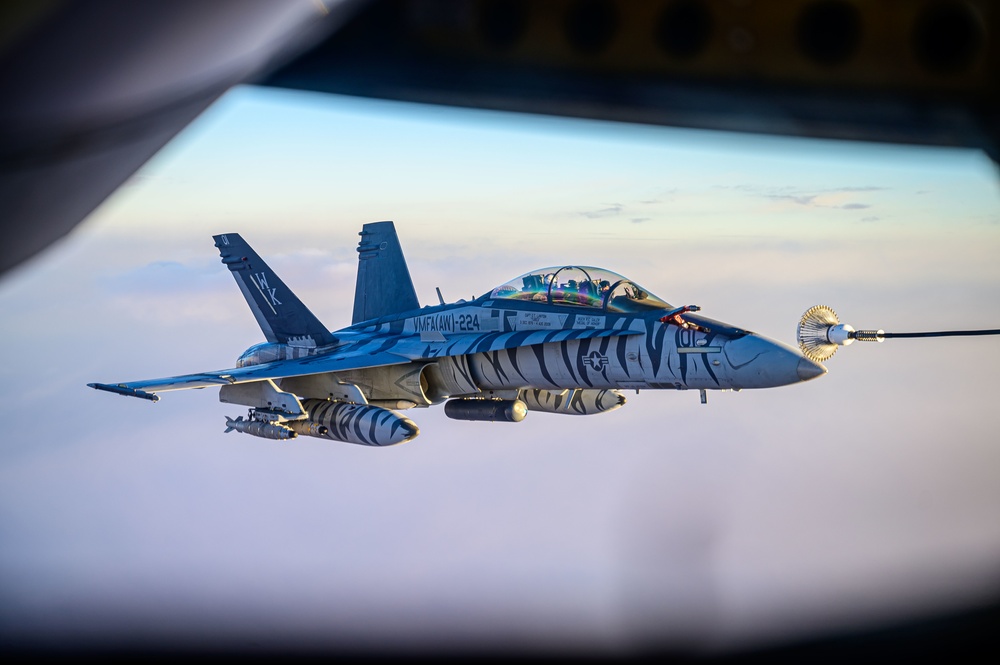 KC-135 Stratotanker Refuels F/A-18D Hornets